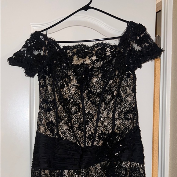 Camille La Vie Black long Lace Dress modest sleeves added flare bottom tail